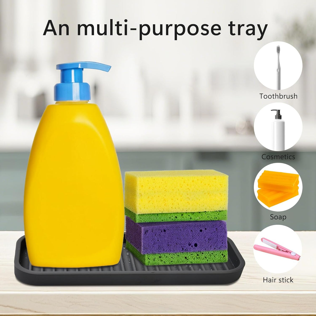 Silicone Sponge Holder Kitchen Sink Organizer Tray Dish Caddy Soap Dispenser, Scrubber Spoon Holder, Dishwashing Accessories (Black, 2 Pack)