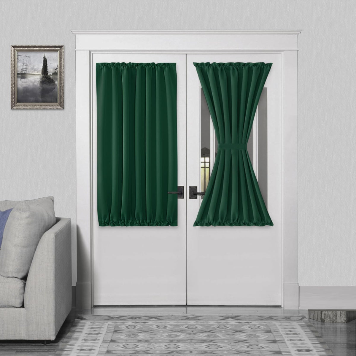 DWCN French Door Curtains – Rod Pocket Thermal Blackout Curtain for Doors with Glass Window, Kitchen and Patio Doors for Privacy, 54 X 40 Inches Long, 1 Curtain Panel with Tieback,Hunter Green