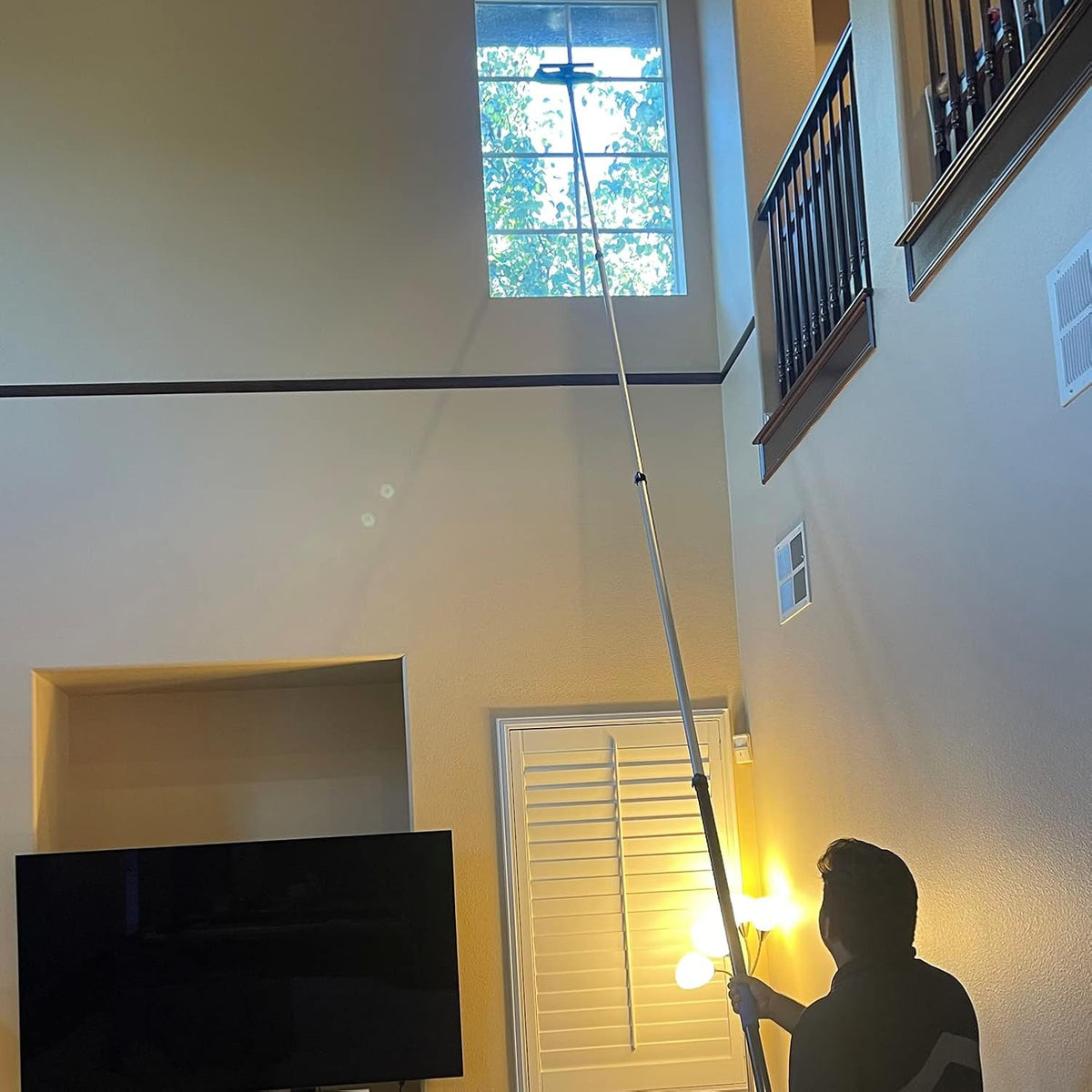 20 Foot High Ceiling Fan Duster with 5-12 Foot Extension Pole, Extendable Reusable Cobweb, Feather, Window Cleaning Squeegee Kit Blue