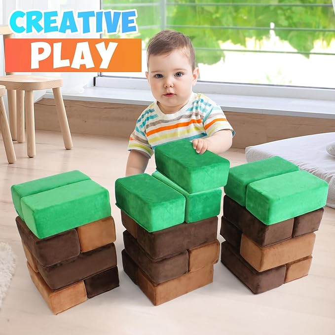 The Original Premium Plush Building Block for Kids - Certified Safe Foam Blocks in Luxuriously Soft Fabric Covers - Set of 24 (Earth)