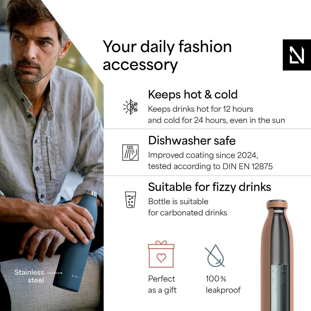 LARS NYSØM Stainless Steel Insulated Water Bottle 12oz 17oz 25oz 34oz 51oz | Insulated Thermo Flask for Hot and Cold Beverages | Leakproof Drinking Bottle (Blush Rose, 25.4oz)