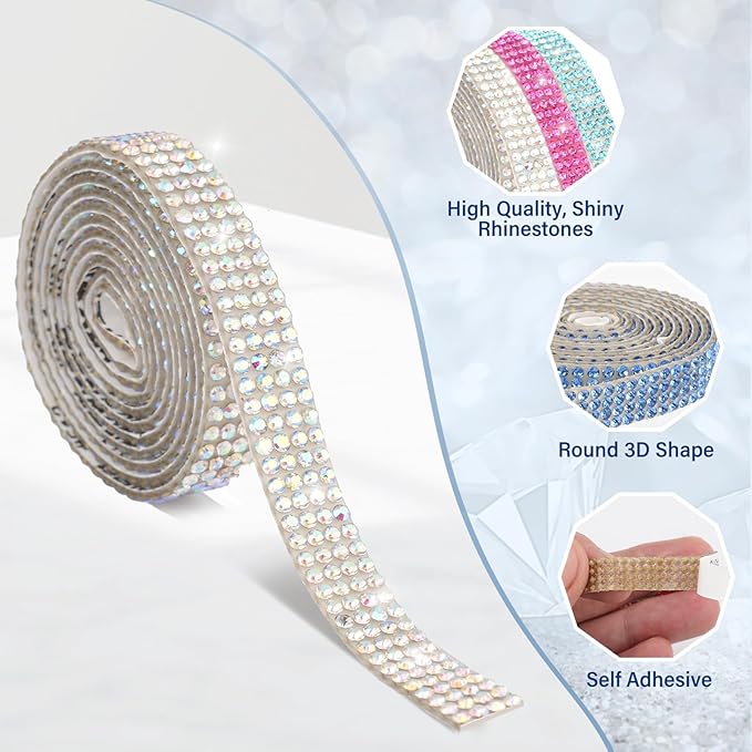 12 Rolls Rhinestone Ribbon Self Adhesive,Mixed Color Bedazzling Kit,0.35" X12 Yard Total Rhinestone Tape for Gift Wrapping Wedding Decor DIY Crafts(12 Colors)