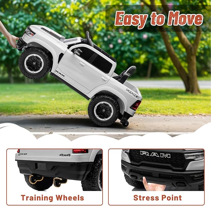 Licensed Ram 1500 Ride on Toys for Kids 4-8, Ride-on Electric Car for Kids with Remote Control, Battery Powered with Car Key/Gear Selector, LED Light/Music/MP3, Back Storage (White)