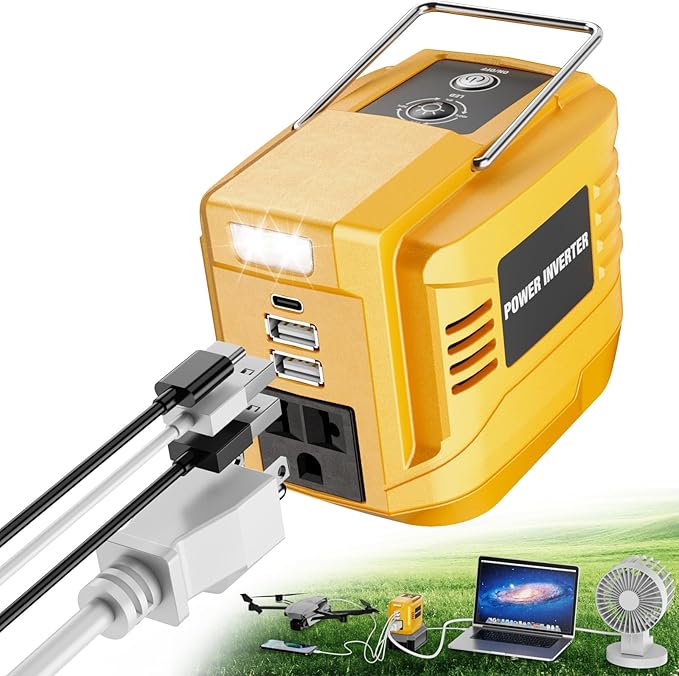 200W Power Inverter for Dewalt 20V, DC 20V to AC 110V Inverter, Portable Power Station with 2 USB Ports & 1 AC Outlet & 1 Type-C Fast Charging, Battery Adapter with LED, Battery Not Included