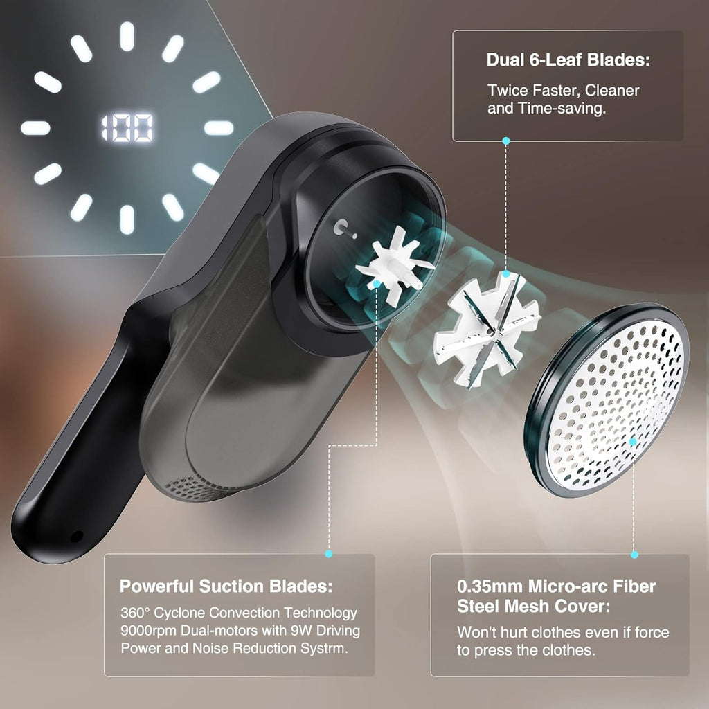 Fabric Shaver and Lint Remover with 2 Extra Blades, Led Digital Display Fabric Shaver for Furniture, 2 Speeds Powerful Ball Remover for Clothes Sweater Sofa Carpet (Black)