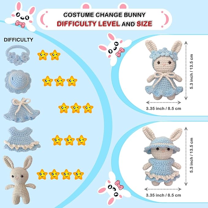 LoopMap Beginner Crochet Kit for Adults & Kids - DIY Amigurumi Bunny with Removable Dress & Accessories - Step-by-Step Video Tutorials, Extra Yarn, Crochet Tools - Handmade Gift (Bunny-Blue)