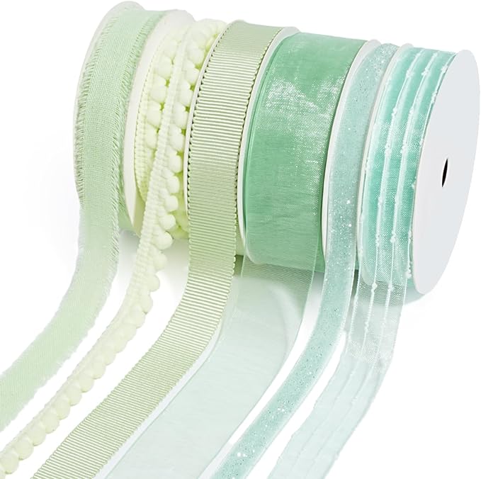 LaRibbons Green Ribbons for Crafts 6 Rolls Assorted Mint Green Ribbons for Gift Wrapping, DIY Crafts, Sewing, Hair Bows and Party Decorations 27.5 Yards