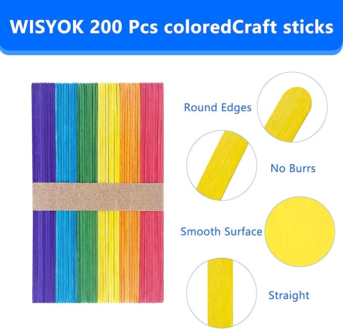 Colored Jumbo Wooden Craft Sticks, 6 Inch, 200 Pieces, 3/4 Inch Wide, Multi-Colored