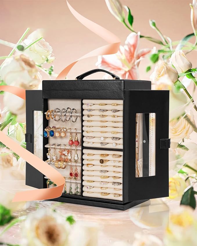 AKOZLIN Jewelry Box 6-Tier Organizer Functional 360° Rotating Jewelry Storage Case for Women Girls Ring Necklace Earring Bracelet Holder with Mirror