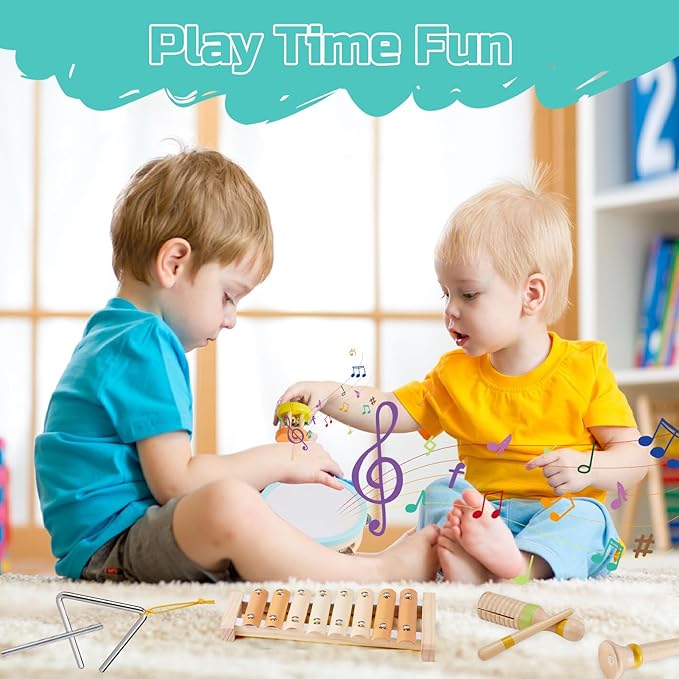Baby Musical Instruments Set Montessori Wooden Toy for Toddlers 3 Percussion Music Xylophone for Kids Preschool Learning Resource Christmas Birthday Gifts for Boys Girls Aged 3 4 5 (Warm)