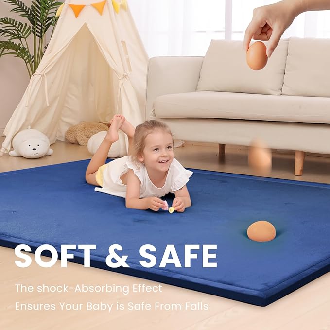 Baby Play Mat for Floor,1.3" Thick Memory foam Tummy Time Mat for Toddlers,Infants,kids,Water-Repellent Soft Nursery Rug ,79"×79" Extra Large Non Slip for Crawling&Yoga,Tatami Style for Living Room(Royal Blue)