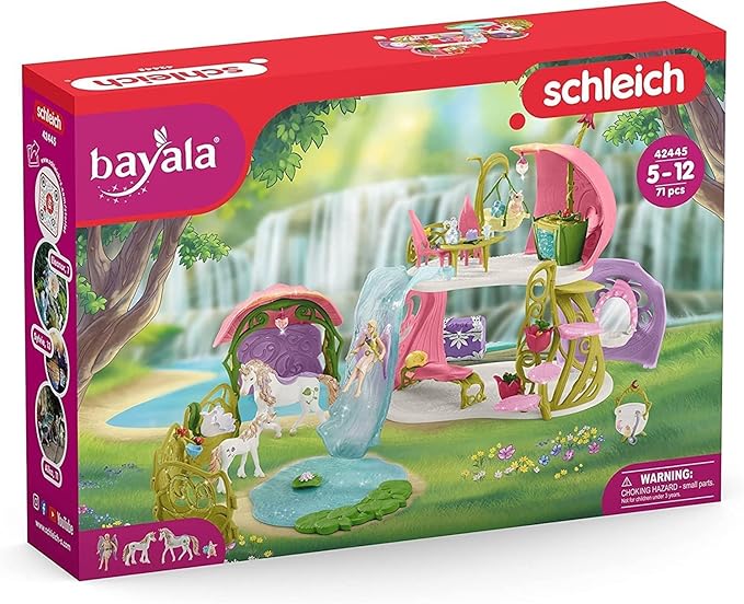 Schleich Bayala - 71 PC Glittering Flower House Playset with Fairy Figure, 2 Cute Unicorn Toys and Fairy Dollhouse Accessories for Girls and Boys - Fantasy Figurine Animal Set for Kids Ages 5+ | 42447