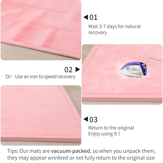 ACOMOPACK Baby Play Mat for Floor 1.3" Thick Memory Foam Play Mat 79"×118" Tummy Time Crawling with Non-Slip Bottom for Living Room,Nursery,Soft Velvet Playpen Mats for Kids,Infants（Pink）