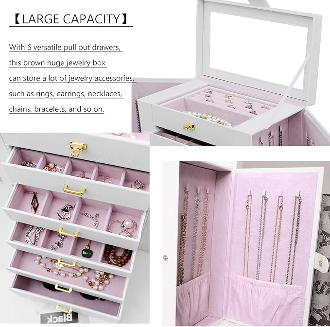 AKOZLIN Extra Large 6-Tier Jewelry Box Organizer with Mirror, 5 Drawers Leather Jewelry Storage Case for Women Girls Ring Necklace Earring Bracelet White