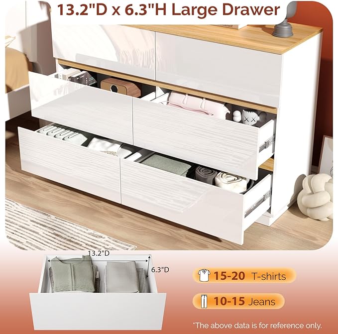 VINGLI White Dresser High Gloss Chest of Drawers, 6 Drawer Dresser for Bedroom, Modern Dressers Wood, Brown Top, 47.2" W x 15.75" D x 31.5" H