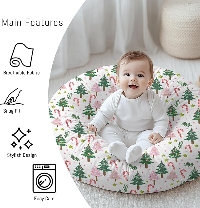 Cartoon Winter Christmas Tree Stars Leaves Pattern Baby Lounger Cover, Unisex Removable Infant Newborn Snug Fit Floorseat Sleeping Lounger Slipcover for Boys Girls Lounger Pillow, Cover Only-24*26
