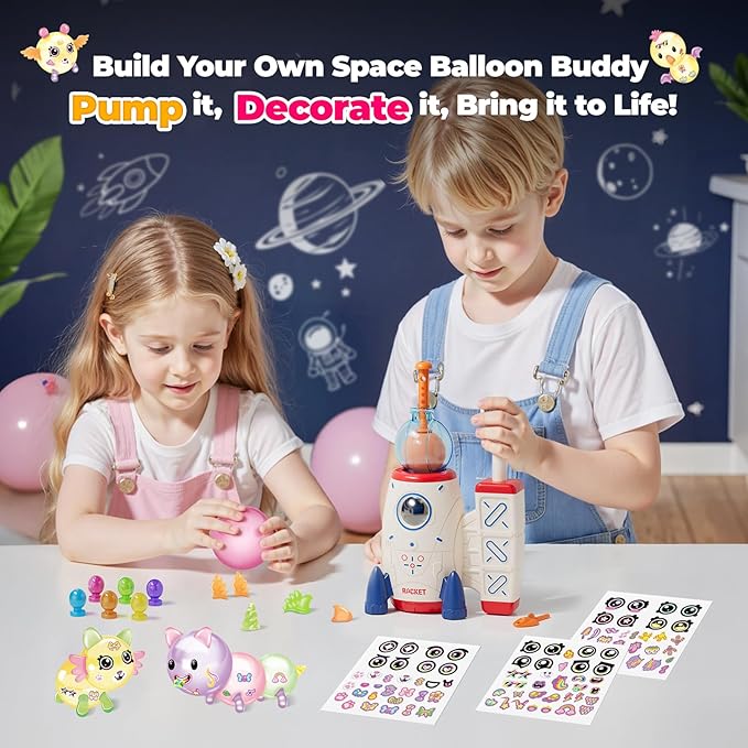 DIY Space Magic Balloon Craft Kit, Sticker Decorated Balloons Toy for Kids, Rocket Air Pump Fun with Balloon Monster Pals, DIY Creative Activity, Birthday Gifts for Girls Boys Ages 3+