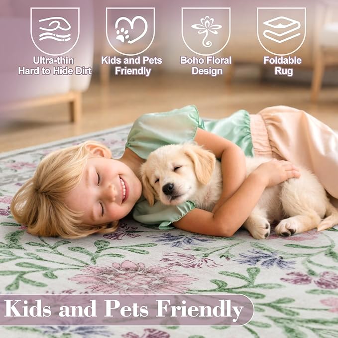 Wonnitar Purple Floral 8x10 Area Rugs, Washable Rug for Living Room, Soft Ultra-Thin Non-Shedding Large Indoor Boho Carpet for Bedroom Nursery Playroom Classroom Decor, Light Purple/Pink