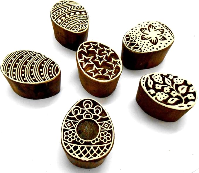 CraftsofIndia® Egg/Oval Wooden Blocks for Stamping, Block Printing on Textiles, Pottery Crafts,Henna, Scrapbooking, Wall Painting (Set of 6)
