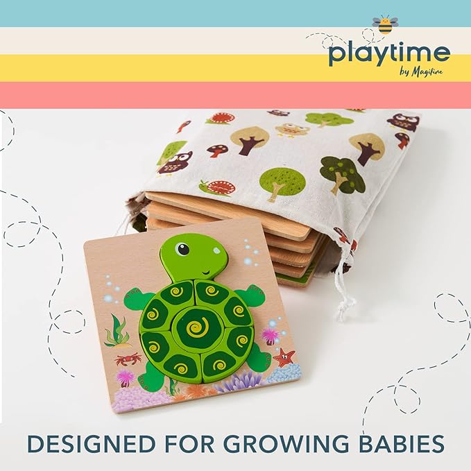MAGIFIRE Wooden Puzzles 12-18 Months - Multicolor 6-Pack Animal & Vehicle Shapes with Storage Bag - Chunky Wood Puzzles for Fine Motor & Hand‐Eye Coordination - Ideal Toddler Gifts Age 1-2