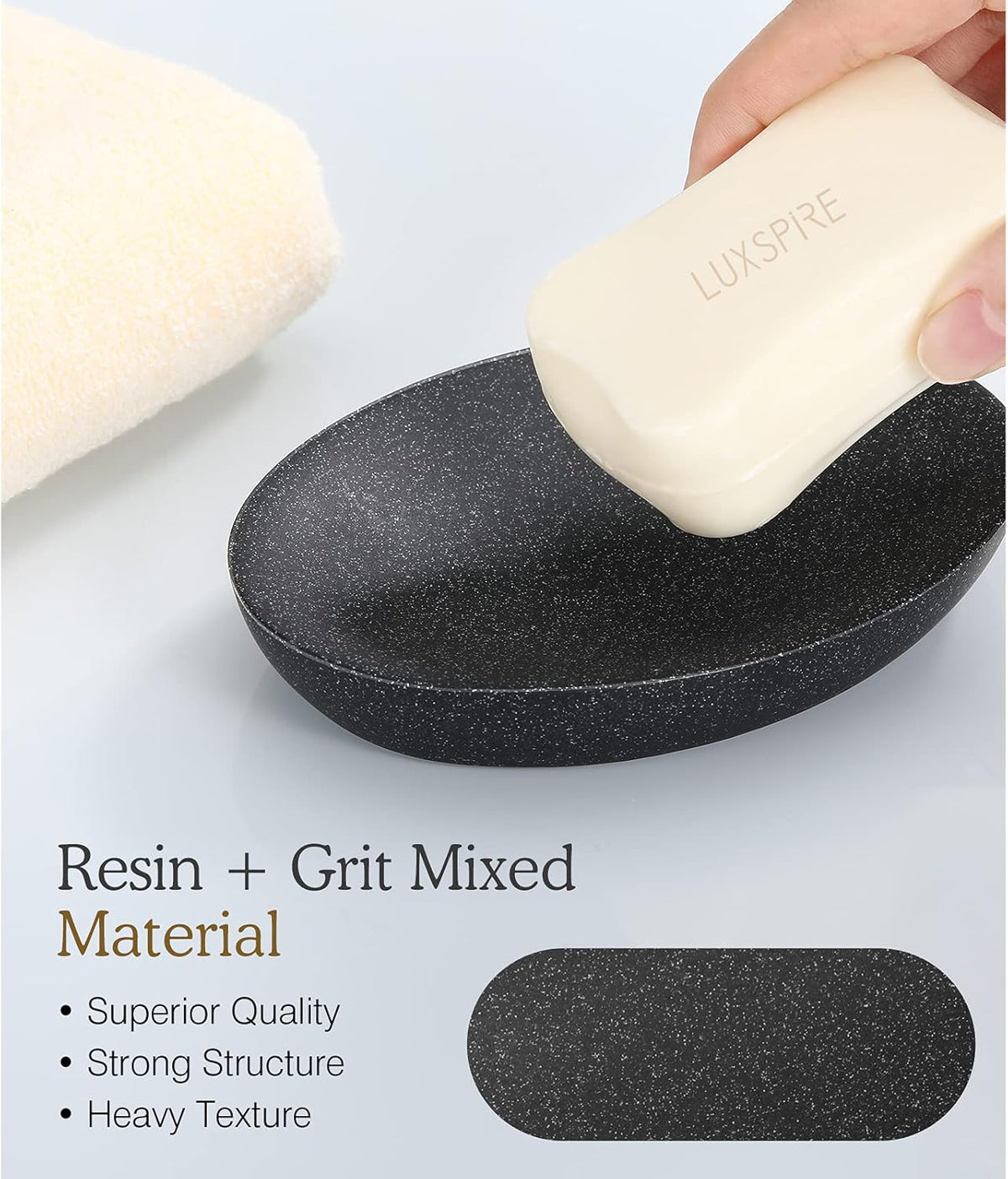 Luxspire Soap Dish, Resin Soap Tray Soap Holder Container Box, Marble Pattern Oval Soap Plate Case, Sponge Dish Scrubbers Tray Holder for Bathroom Vanity Shower Kitchen Sink Counter Top, Gravel Black