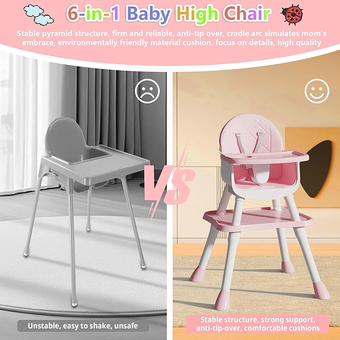 6 in 1 Baby High Chair for Babies and Toddlers, Booster Seat, Kids Learning Table & Chair (Pink)