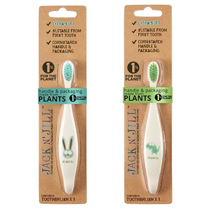 Jack N' Jill Kids Toothbrush - Extra Soft Bristle Toothbrush for Kids, Handle & Packaging Made from Plants (Corn), Ergonomic Handle for Little Hands - Dino & Bunny (2 Pack)