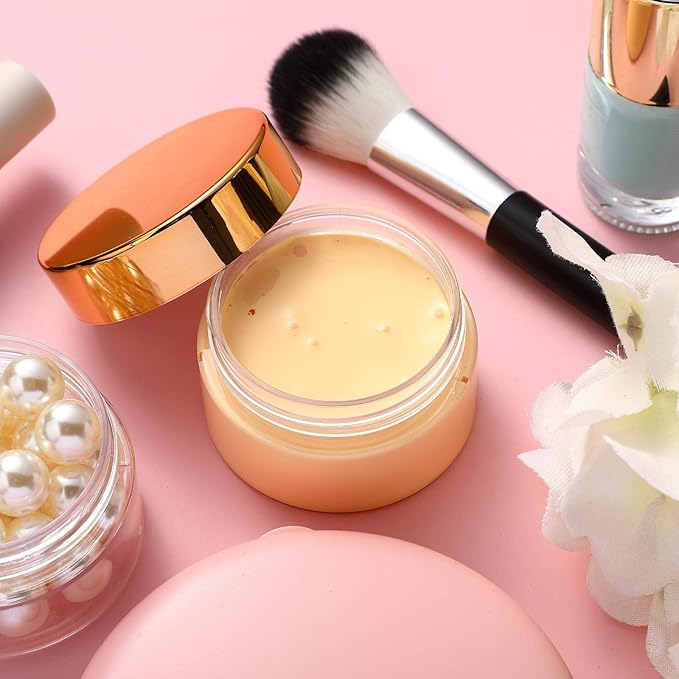 SATINIOR 24 Pieces Empty Clear Plastic Jars with Lids Round Storage Containers Wide-Mouth for Beauty Product Cosmetic Cream Lotion Liquid Butter Craft and Food (Gold Lid,1 oz)