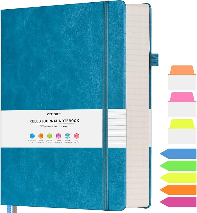 College Ruled Notebook, Large B5 Lined Journal Notebook, 314 Numbered Pages Work Notebook with Index Stickers, 100gsm Thick Paper, Hardcover Vegan Leather Journal for Women Men School Office, Blue