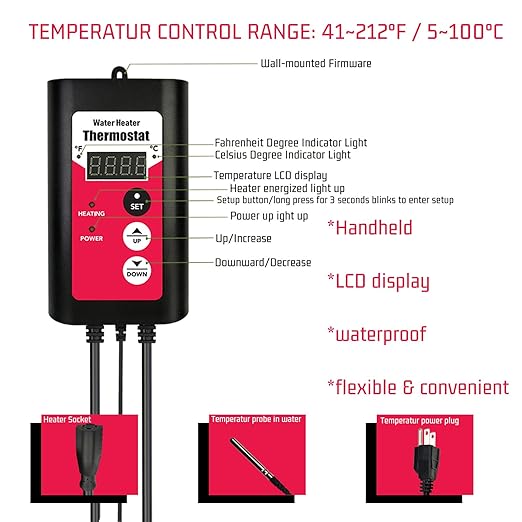 3000W Immersion Water Heater Portable Electric Pool & Bathtub Fully Submersible Water Heater with Temp Control, GFCI for Hot Tub, Above Ground Pool, baptismal Pool, Above Ground Pool, spa