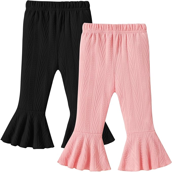 2 Pack Toddler Baby Girl Pants Flare Leggings Ribbed Knit Newborn Bell Bottoms Solid Ruffle Infant Pants for Girls