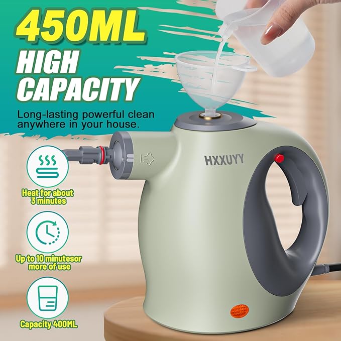 Multi-Surface Handheld Pressurized Steam Cleaner with 13 PCS Accessory ，Portable Steamer for Cleaning, Multipurpose Steam Cleaner for Home/Car/Bathroom/Grease/Upholstery/Floor/Grout and More (Green)