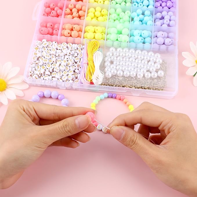Candy Color Acrylic Beads Kit Pastel Round Beads Assorted Plastic Bead Kit Letter Pearl Colorful Elastic String CCB Cute Loose Spacer Bulk for Bracelets Necklace Jewelry Making DIY Crafts