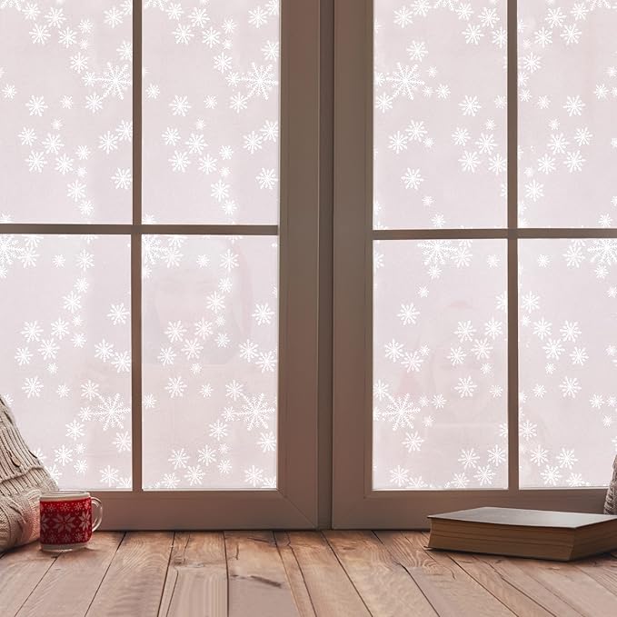 Niviy Privacy Window Film Christmas Decorations Snowflakes Window Clings Decals Stickers Non Adhesive Frosted Glass Film Heat Control 17.7” x 157”