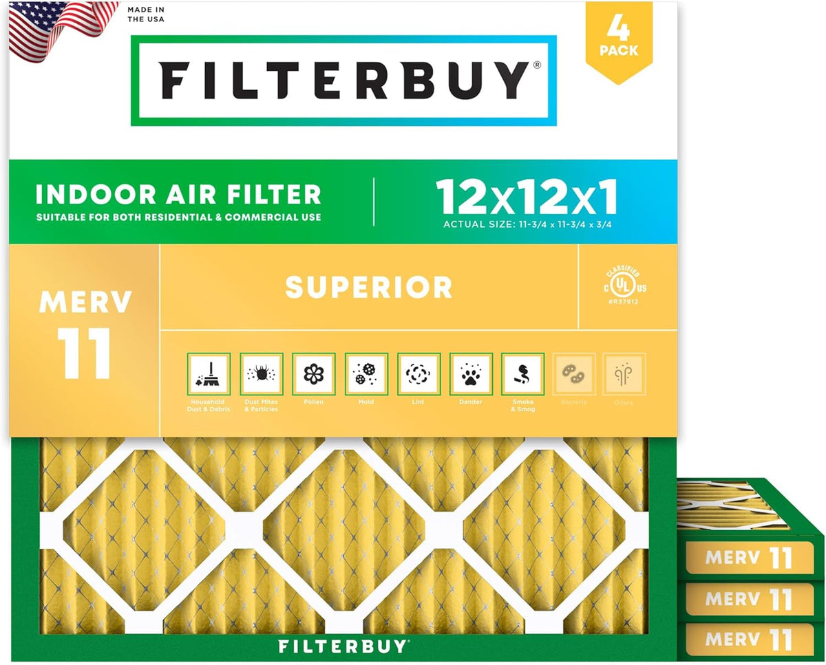 Filterbuy 12x12x1 Air Filter MERV 11 (MPR 1200) Allergen Defense Replacement (4-Pack), Electrostatic Pleated HVAC AC Furnace Filters, Made in USA (Actual Size: 11.75 x 11.75 x 0.75)