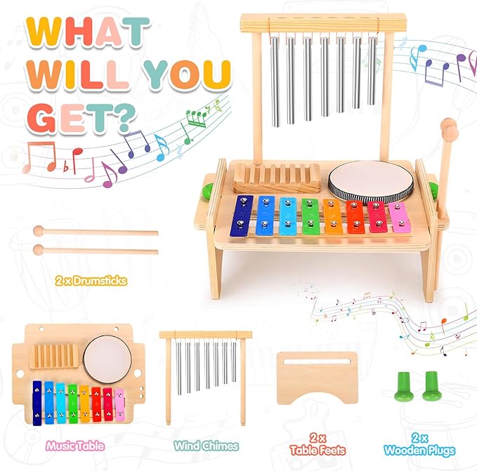 Kids Drum Set for Toddlers, Montessori Musical Instruments Toys, Toddler Drum Set Wooden Xylophone Musical Toys Birthday for Children Boys and Girls
