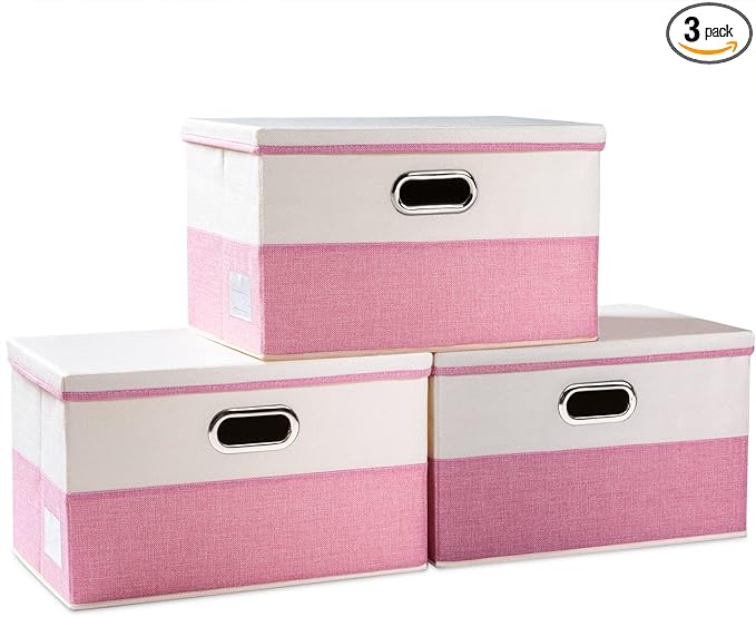 PRANDOM Large Collapsible Storage Bins with Lids [3-Pack] Fabric Foldable Storage Boxes Organizer Containers Baskets Cube with Cover for Home Bedroom Closet Office Pink&Cream(17.7x11.8x11.8)