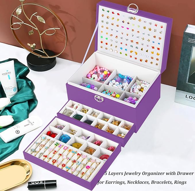 Earrings Jewelry Box for Girls, 5 Layers Jewelry Organizer with Earring Holder Organizer for Girls Earring Organizer Jewelry Boxes for Women Earrings and Necklaces Jewelry Box Organizer Purple