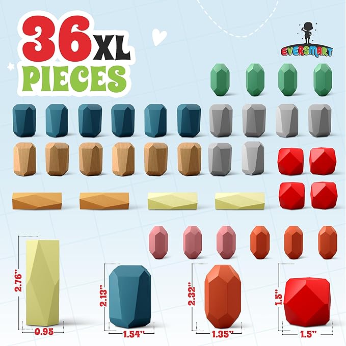 36 Pcs Wooden Stacking Blocks – Montessori Toys for 1 2 3 4 5 6 Year Old Toddlers and Kids, XL Rocks, No Choking Hazard – Sensory STEM Building Stones, for Girls and Boys