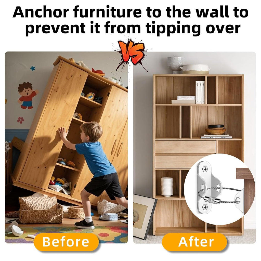10-Pack Baby Proof Heavy Duty Furniture Anchors for Dressers, Bookcases and TV Cabinets 400LB Anti Tip Kit with Stainless Steel Hardware Shock Straps (White)