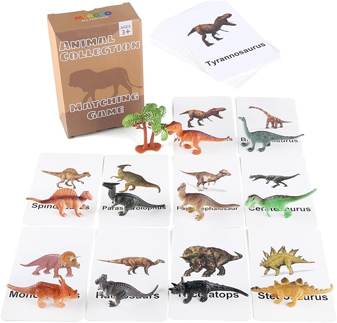 MEROCO Dinosaur Animal Flash Cards for Toddlers with Figurines Animal Matching Game Learning Cards Travel Game Preschool Learning Science Toys for Kids Plastic Materials
