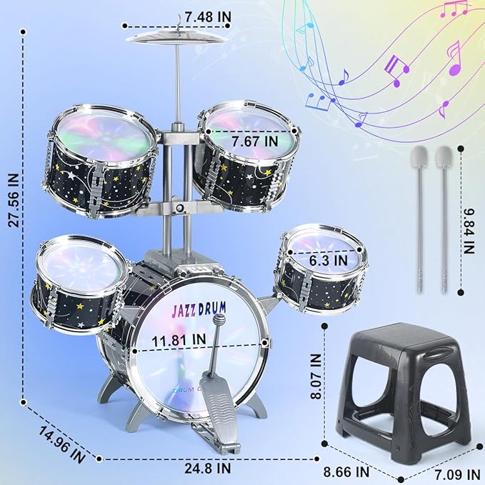 Kids Drum Set for Toddlers 1-3, Upgraded Jazz Drum Set for Kids, Musical Instrument Toys & Lights & All Plastic, Percussion Beginner kit for Boys Girls Toddlers Aged 3-5 5-7