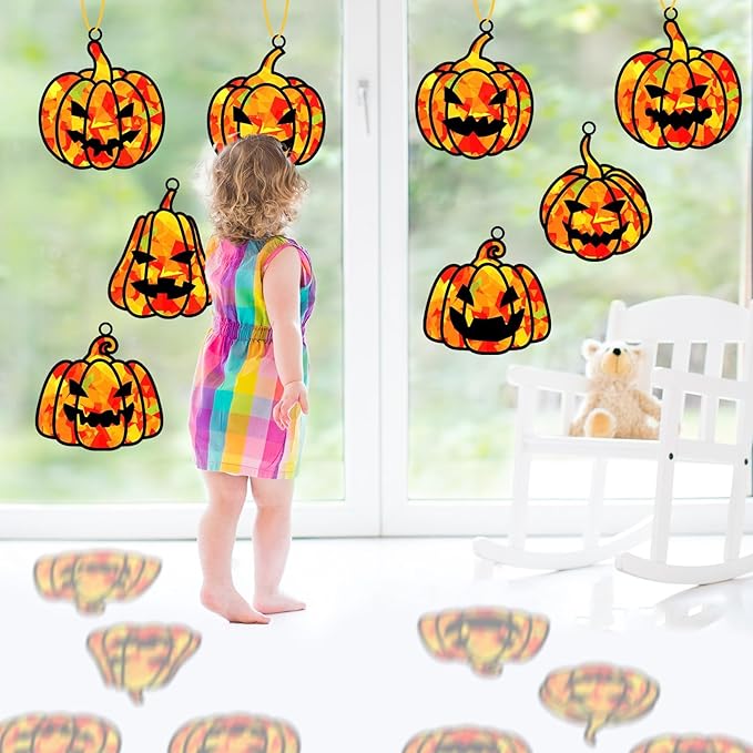 32 Sets Fall Halloween Pumpkin Suncatchers Craft Kit DIY Window Stained Glass Effect Halloween Pumpkin Paper Craft Home School Classroom Decoration Kid Birthday Gift Creative Art Project Activity Game