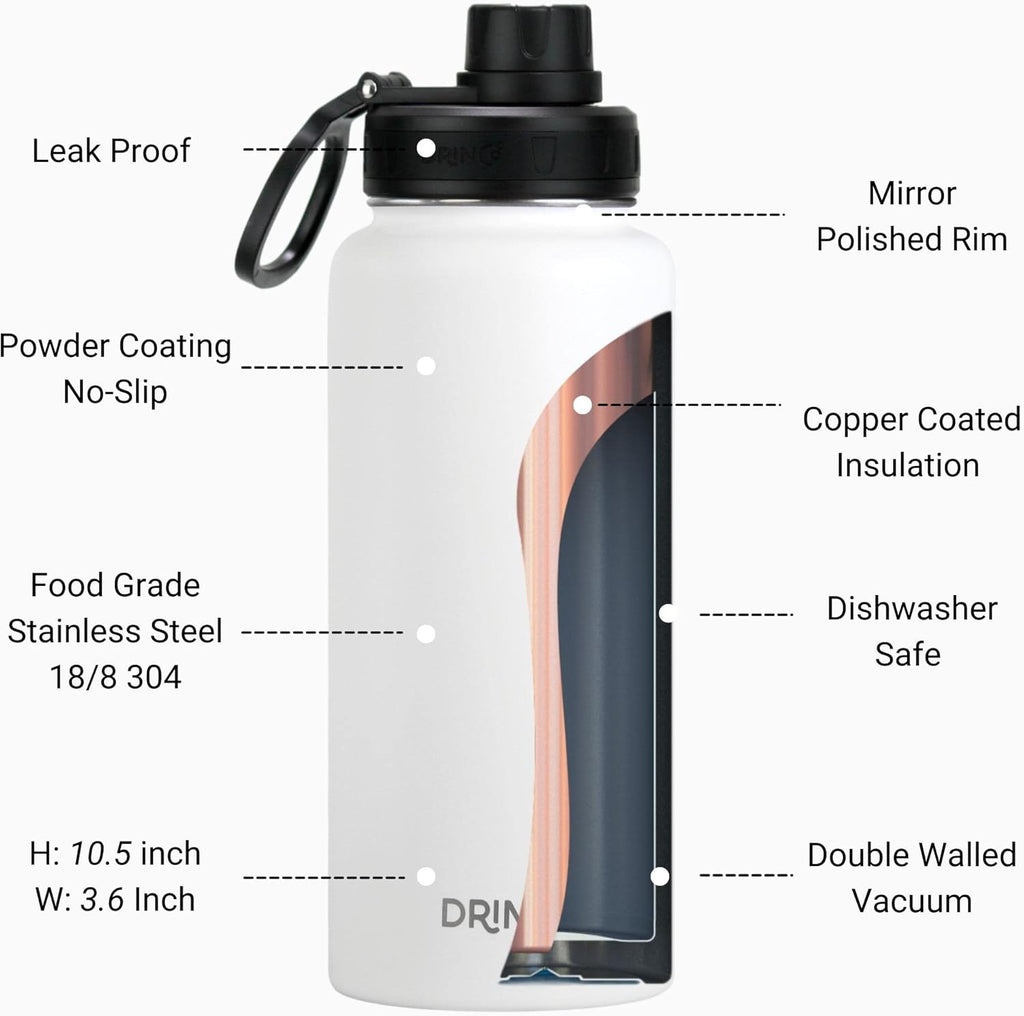 DRINCO Stainless Steel Water Bottle Spout Lid Vacuum Insulated Double Wall Water Bottle Wide Mouth (40oz 32oz 22oz 18oz 14oz) Leak Proof Keeps Cold or Hot (32 oz, 32oz Artic White)