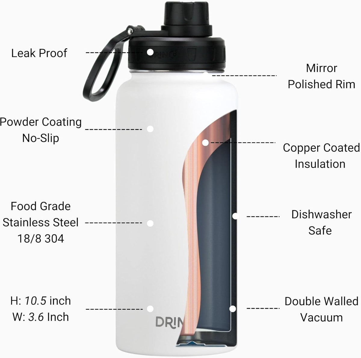 DRINCO Stainless Steel Water Bottle Spout Lid Vacuum Insulated Double Wall Water Bottle Wide Mouth (40oz 32oz 22oz 18oz 14oz) Leak Proof Keeps Cold or Hot (32 oz, 32oz Artic White)
