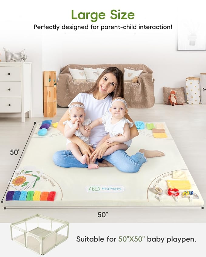 Baby Play Mat, Unique Crawling Mats with 4 Sensory Development Zones for Motor Skills, 50''x50'' Playpen Mats with Non-Slip Cushioned that Fits Nicely Into Any Playroom, Beige