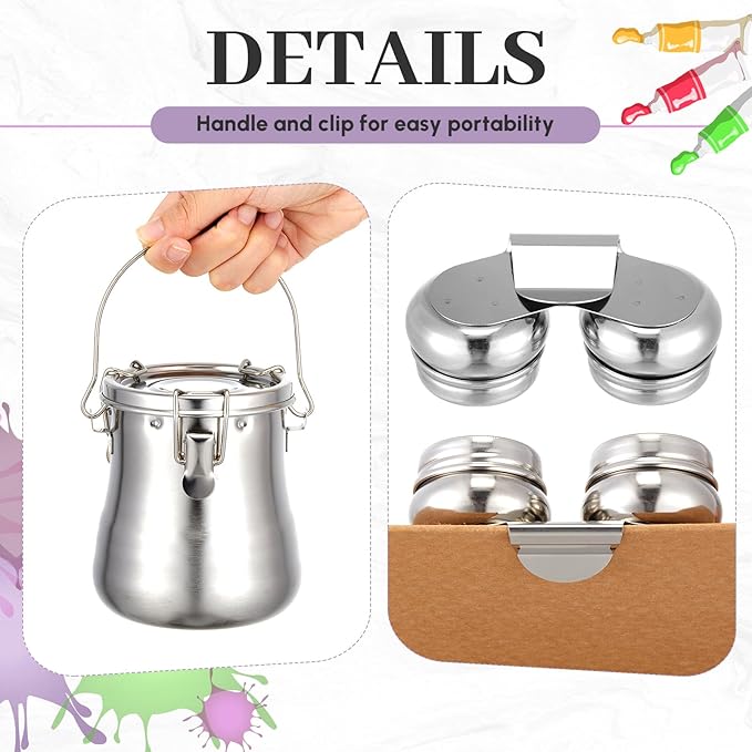 2 Pcs Paint Brush Cleaner Set Airtight Stainless Steel Double Dipper Palette Cup Portable Paint Brush Washer Holder for Oil Cleaner Kits (Large)