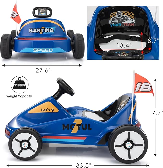 TOBBI 12V Electric Go Kart for Kids Battery Powered Ride on Car Outdoor Race Toy with Remote Control, Safety Belt, Music, LED Lights and Flags for Toddlers 3-8 Years, Blue