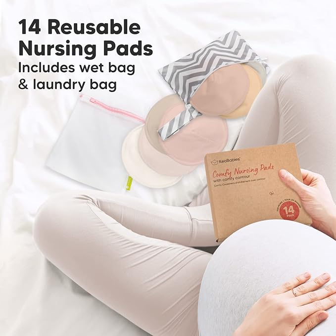 Organic Nursing Pads - 14 Washable Viscose Derived from Bamboo Breastfeeding Pads, Wash Bag, Reusable Breast Pads for Breastfeeding, Nipple Pads for Breastfeeding Essentials(Neutrals, L 4.8")
