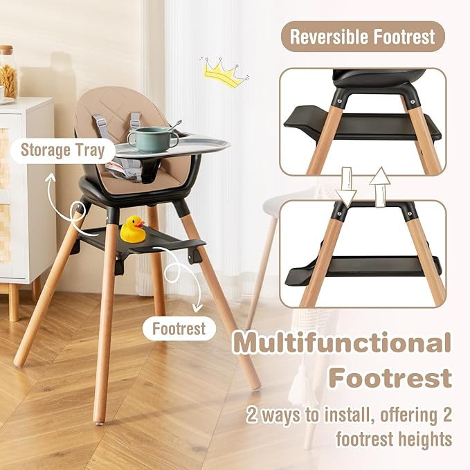 BABY JOY Baby High Chair, 6 in 1 Convertible Wooden High Chair for Babies & Toddlers with Adjustable Legs, Double Removable Tray, Safety Harness & Waterproof PU Cushion (Coffee)